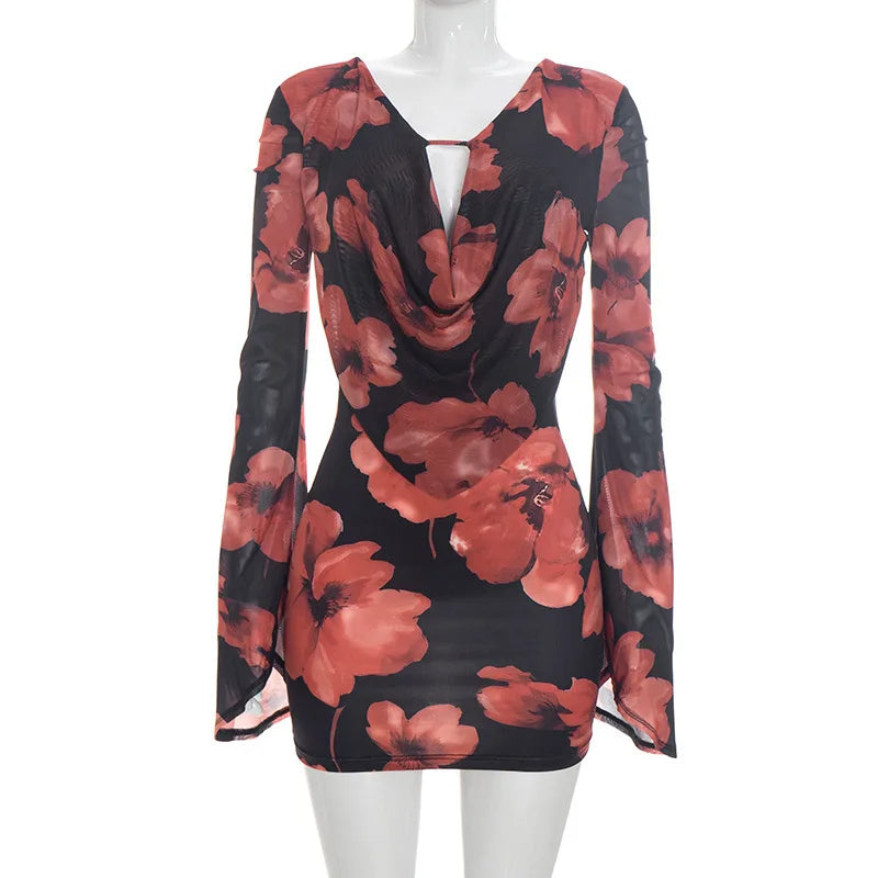 Women's Floral Print Mesh Bodycon Wide Leg Mini Dress - Additional View 9