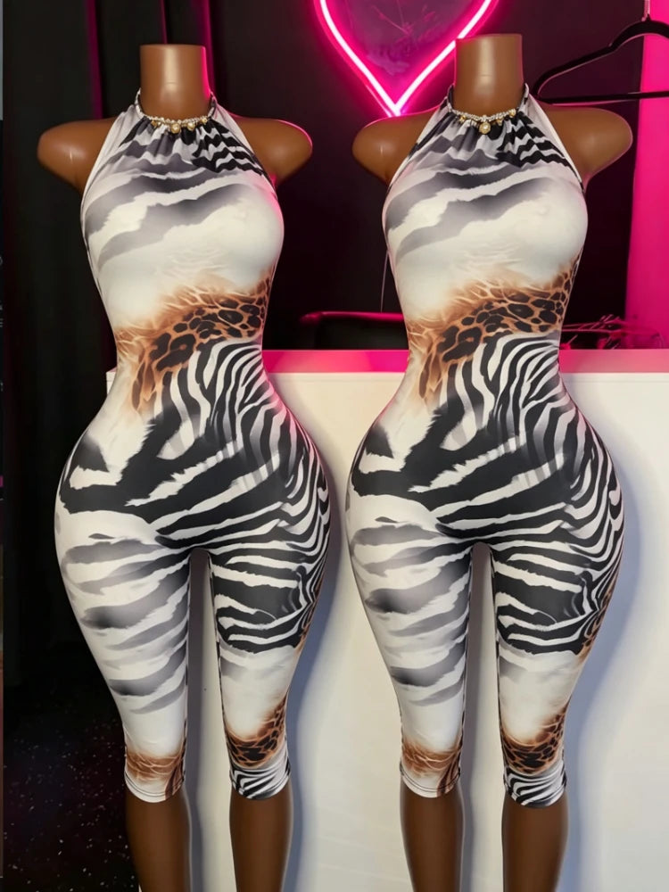 Women's Striped Lace Backless Halter Romper - Women's Fashion Wholesale - Front View