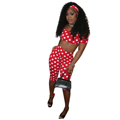 Women's Polka Dot Short Sleeve Crop Two Piece Set
