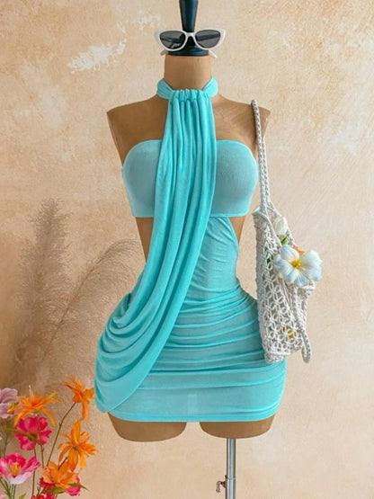 Joskaa Sexy Backless Irregular Halter Neck Mini Dress Women Asymmetrical Hem Bandage Wrap Design Slim Fit Dresses Party Clubwear