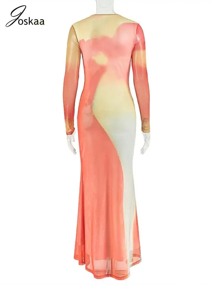 Women's Long Sleeve Fall Color Block Bodycon Dress Orange Yellow – Detail View