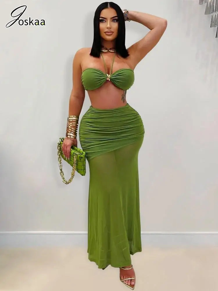 Women's Ruched Halter Crop Two Piece Set – Women's Fashion Wholesale – Front View