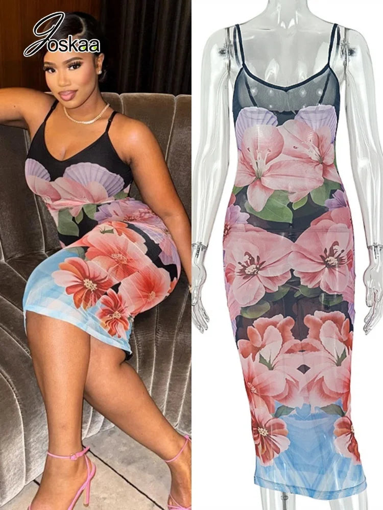 Women's Floral Print Mesh Sleeveless Maxi Dress – Women's Fashion Wholesale – Front View