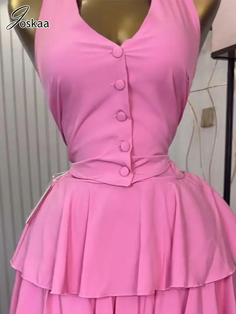 Wholesale Women's Halter Pleated Two Piece Set Pink – Side View
