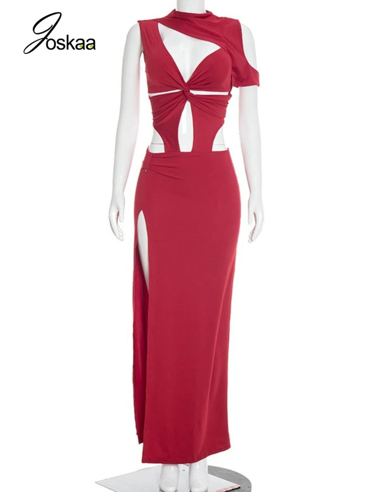 Women's Cutout Bodycon Knot Irregular Single Maxi Dress Black – Back View
