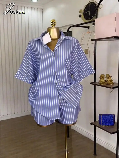 Women's Stripe Short Sleeve Two Piece Set Blue – Back View