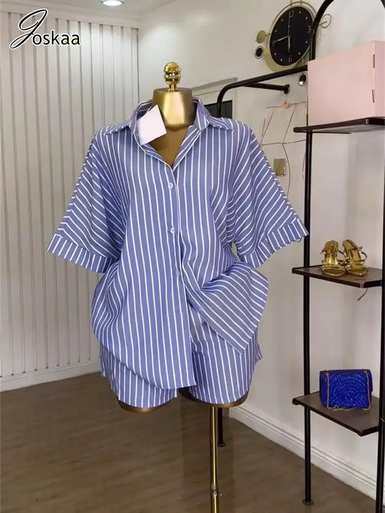 Women's Stripe Short Sleeve Two Piece Set Blue – Back View