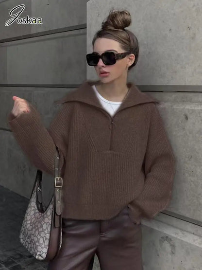Wholesale Women's Knit Long Sleeve Ribbed Zip Top Coffee – Side View
