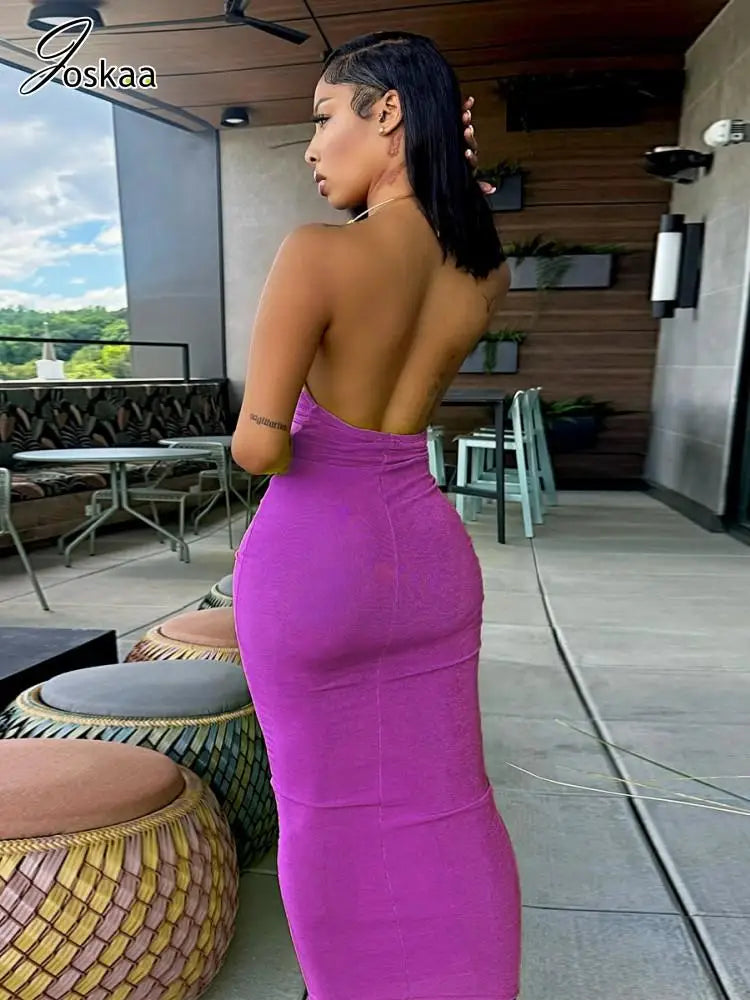 Women's Backless Halter Bodycon Maxi Dress Purple – Side View