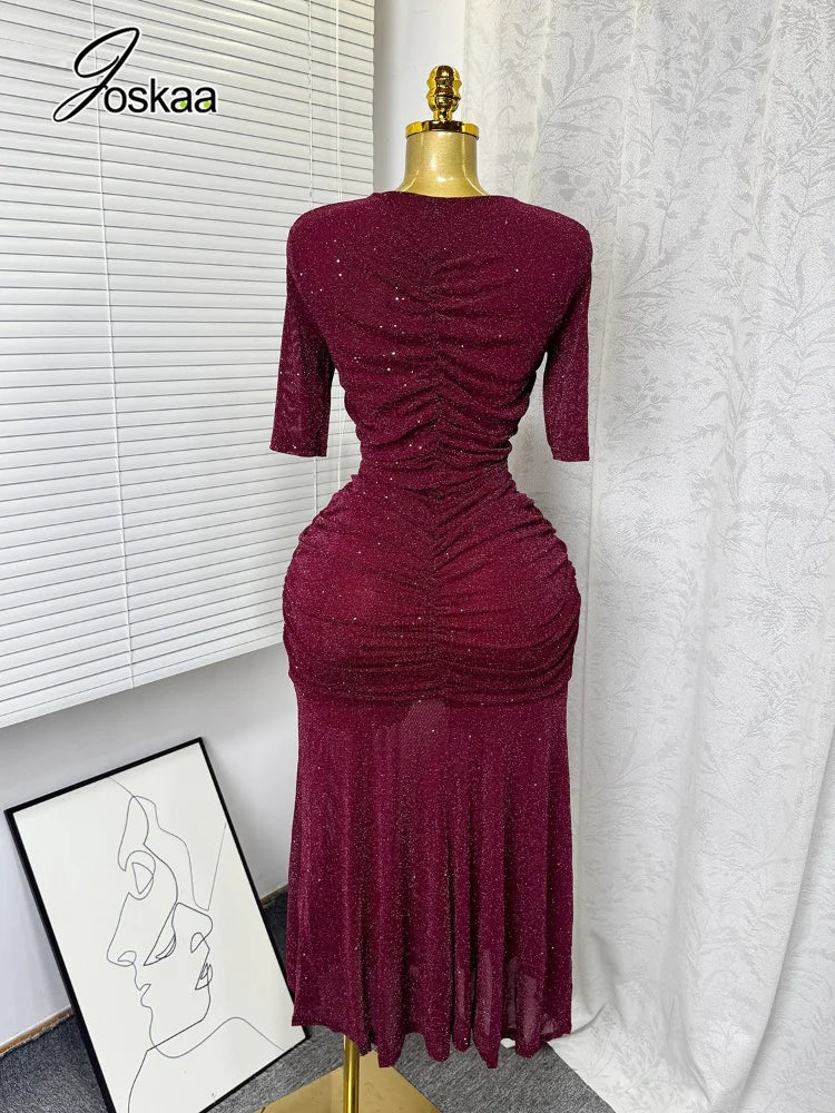 Women's Mesh Sequin Ruched V-neck Bodycon Dress - Front View