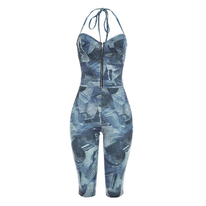 Women's Denim Print Halter Zip Up High Waist Two Piece Set - Additional View 7
