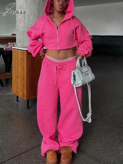 Women's Long Sleeve Crop Zip Hooded Two Piece Set – Women's Fashion Wholesale – Front View
