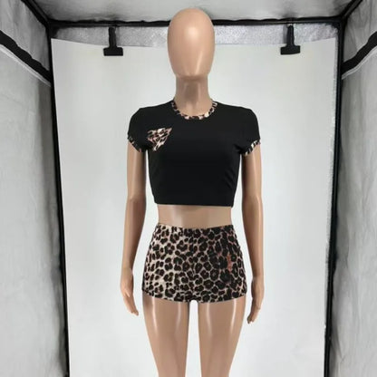 Women's Leopard Print Short Sleeve Crop Two Piece Set