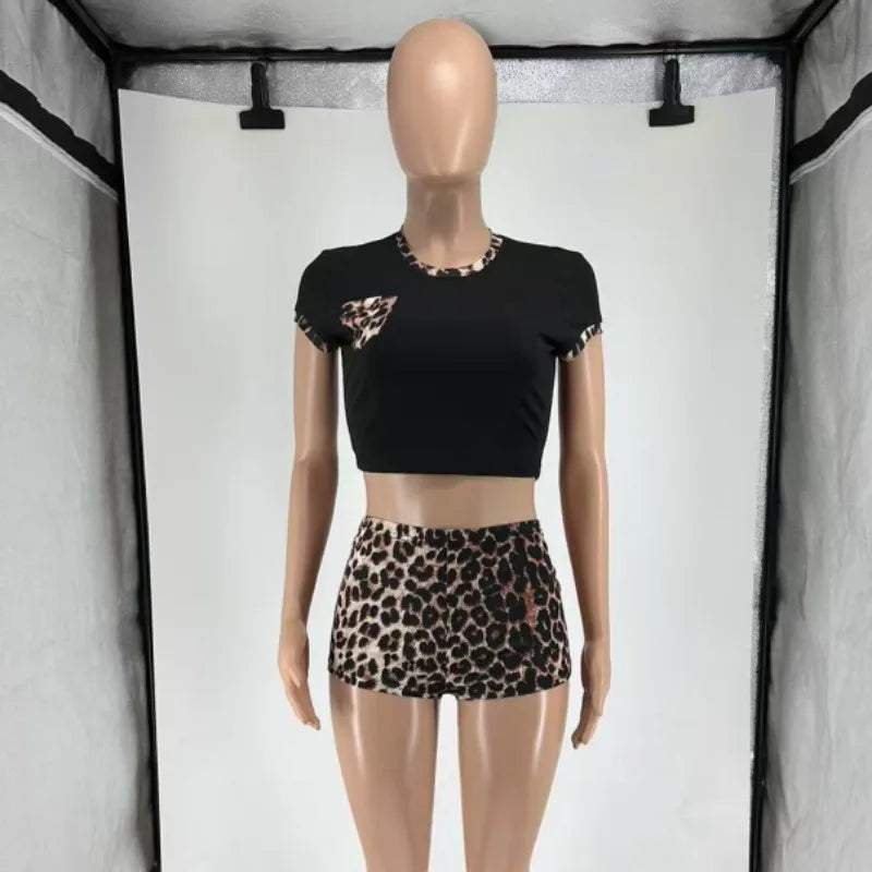 Women's Leopard Print Short Sleeve Crop Two Piece Set