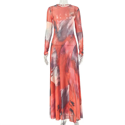 Women's Mesh Long Sleeve Bodycon Maxi Dress