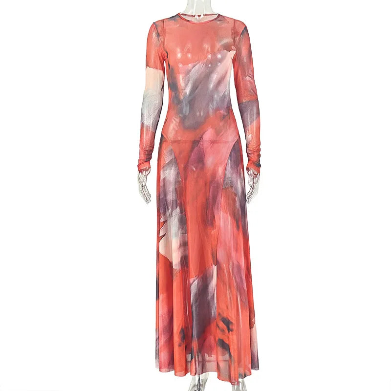 Women's Mesh Long Sleeve Bodycon Maxi Dress
