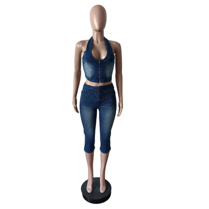 Women's Denim Halter Crop Zip Two Piece Set