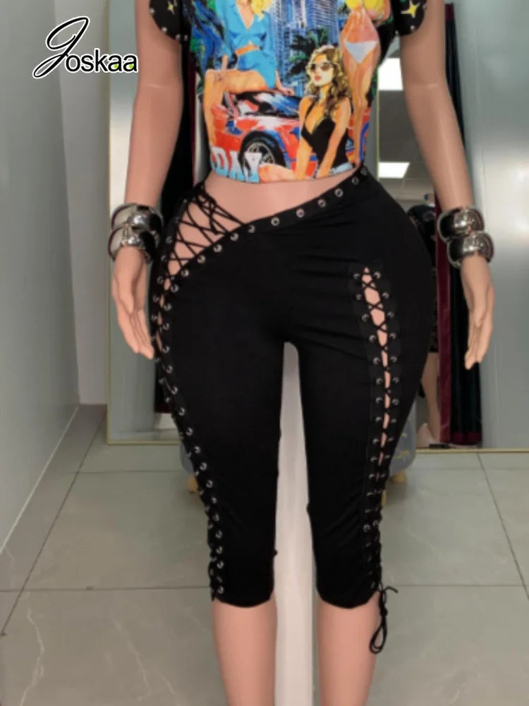 Women's Lace Cutout Bodycon Pants Gothic Capri Leggings - Women's Fashion Wholesale - Front View