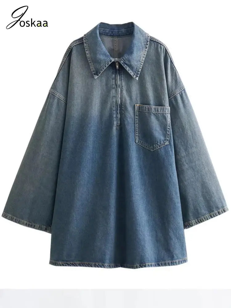 Women's Denim Long Sleeve Zip Mini Dress As Picture – Side View