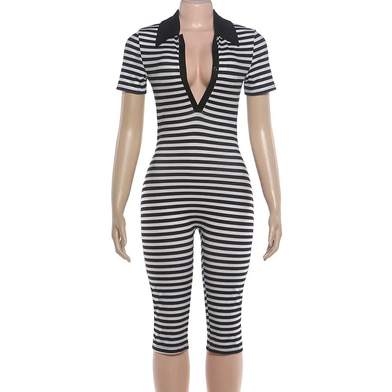 Women's Striped V-neck Bodycon Romper - Additional View 9