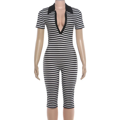 Women's Striped V-neck Bodycon Romper - Additional View 9