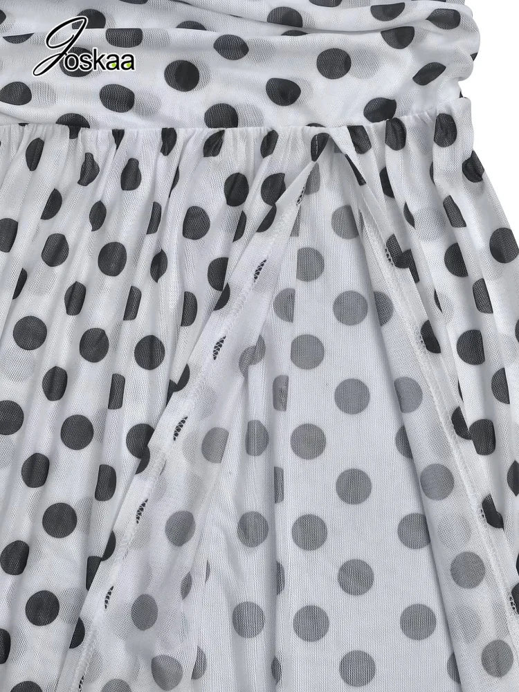 Women's Polka Dot Mesh Ruched Strapless Maxi Dress - Model Wearing Style
