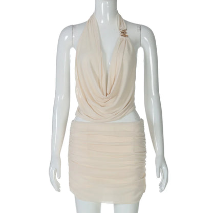 Women's Mesh Ruched Backless Two Piece Set