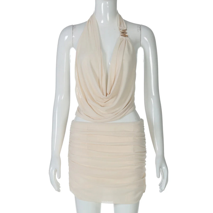 Women's Mesh Ruched Backless Two Piece Set