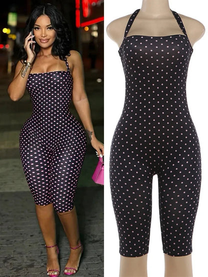 Women's Polka Dot Backless Halter Sleeveless Romper - Front View