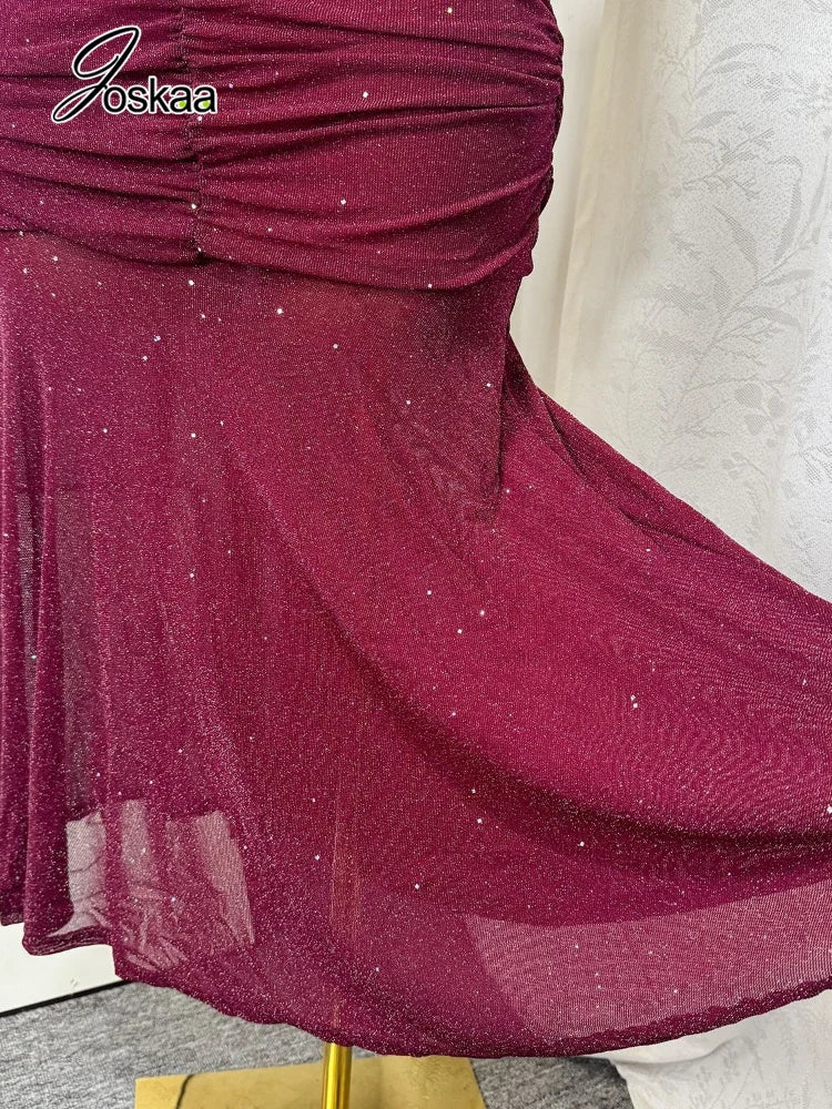 Women's Mesh Sequin Ruched V-neck Bodycon Dress - Model Wearing Style