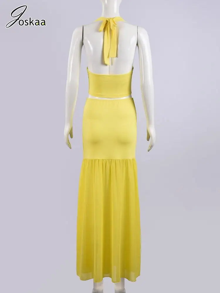 Women's Mesh Cutout Halter Two Piece Set Yellow – Detail View