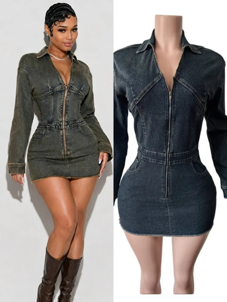 Women's Denim Print V-neck Zip Up Long Sleeve Mini Dress - Additional View 8