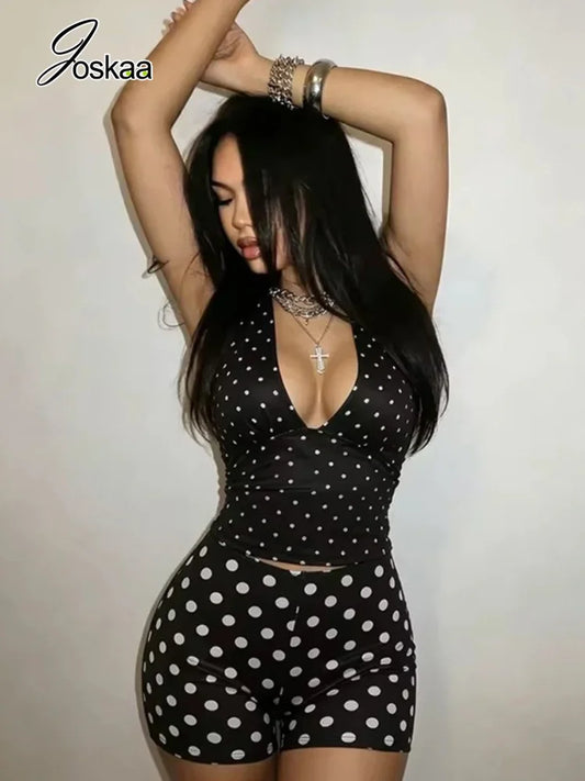 Women's Polka Dot Ruched V-neck Halter Two Piece Set - Front View