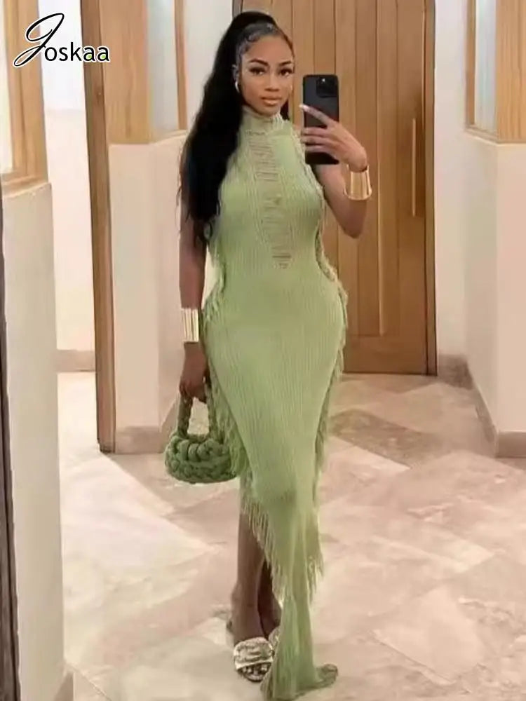 Women's Knit Ribbed Tassels Irregular Bodycon Dress – Women's Fashion Wholesale – Front View