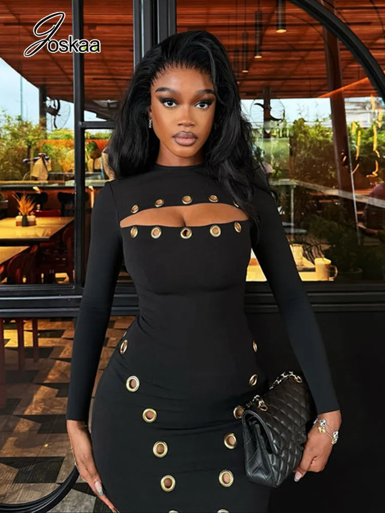 Women's Cutout Long Sleeve Bodycon Mini Dress Black – Back View