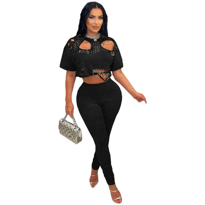Women's Cutout Short Sleeve Crop Two Piece Set