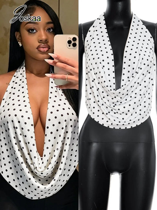Women's Polka Dot Backless Halter Sleeveless Top - Women's Fashion Wholesale - Front View