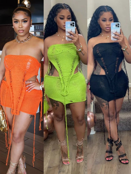Women's Ribbed Knit Strapless One Shoulder Two Piece Set - Additional View 8
