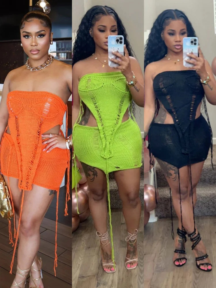 Women's Ribbed Knit Strapless One Shoulder Two Piece Set - Additional View 8