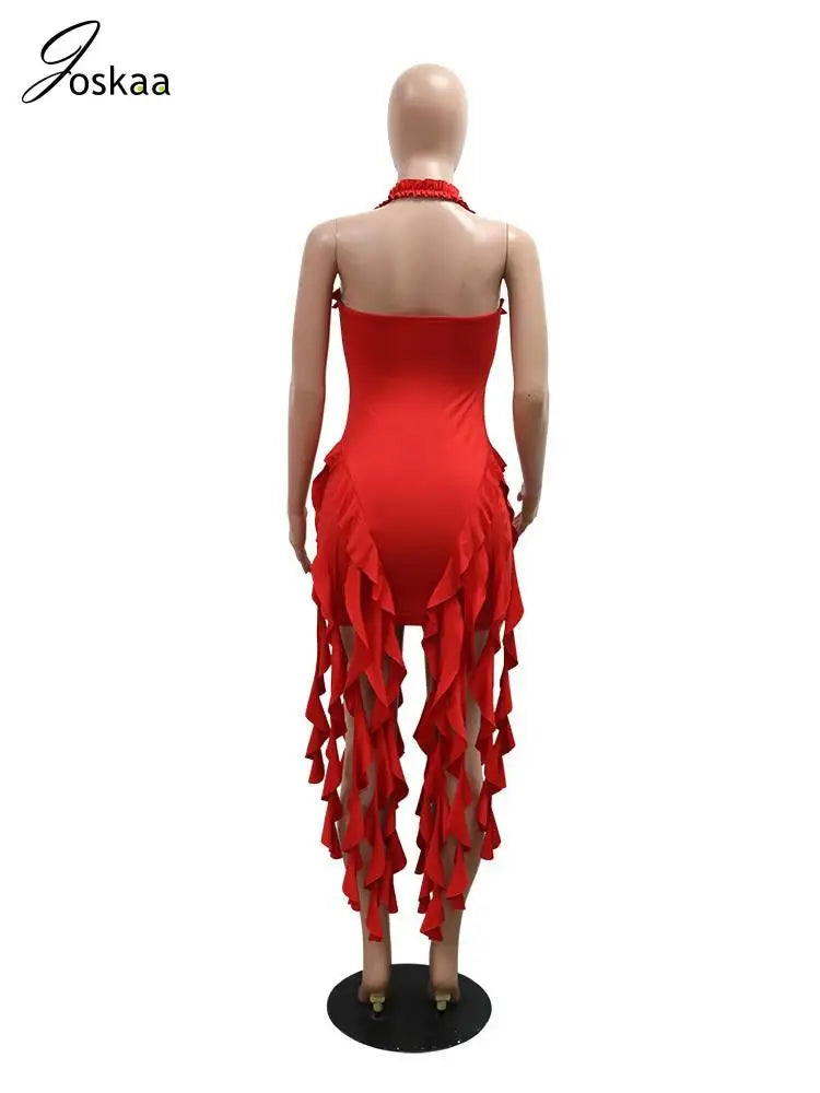 Women's Ruched Halter Solid Irregular Tassels Dress Pink – Detail View