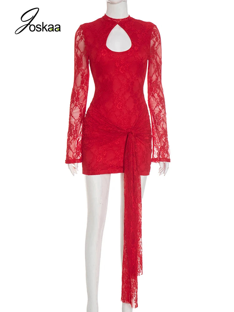Women's Lace Cutout Long Sleeve Mini Dress Red – Back View