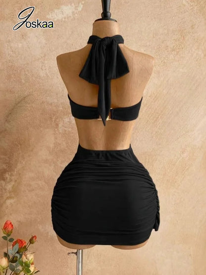 Women's Backless Halter Bodycon Mini Dress Green – Front View