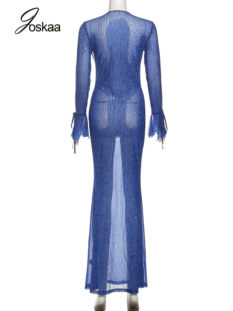 Women's Leopard Print Mesh Ruched Maxi Dress Blue – Detail View