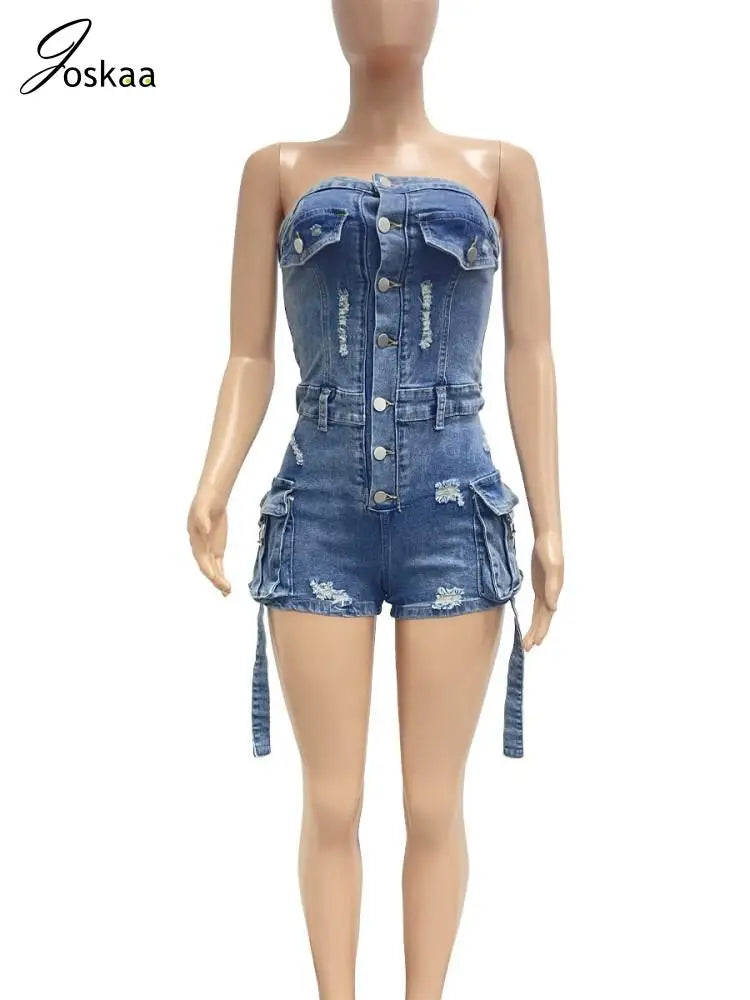 Women's Denim Strapless Bodycon Two Piece Set Blue – Detail View