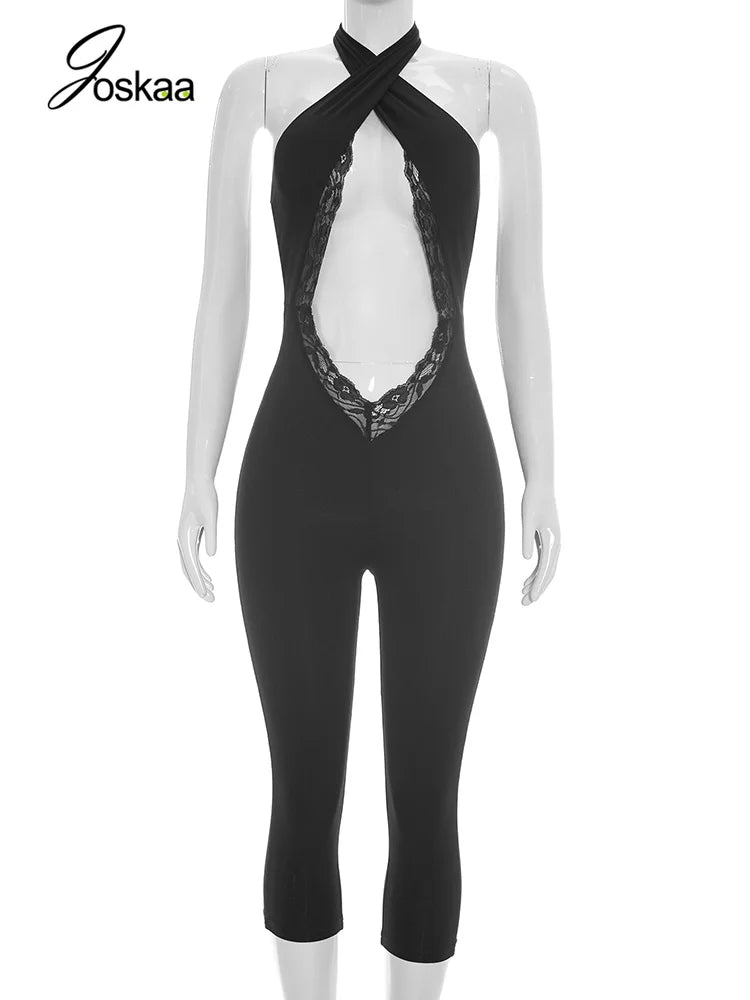 Women's Lace Backless Cutout Halter Romper - Back View