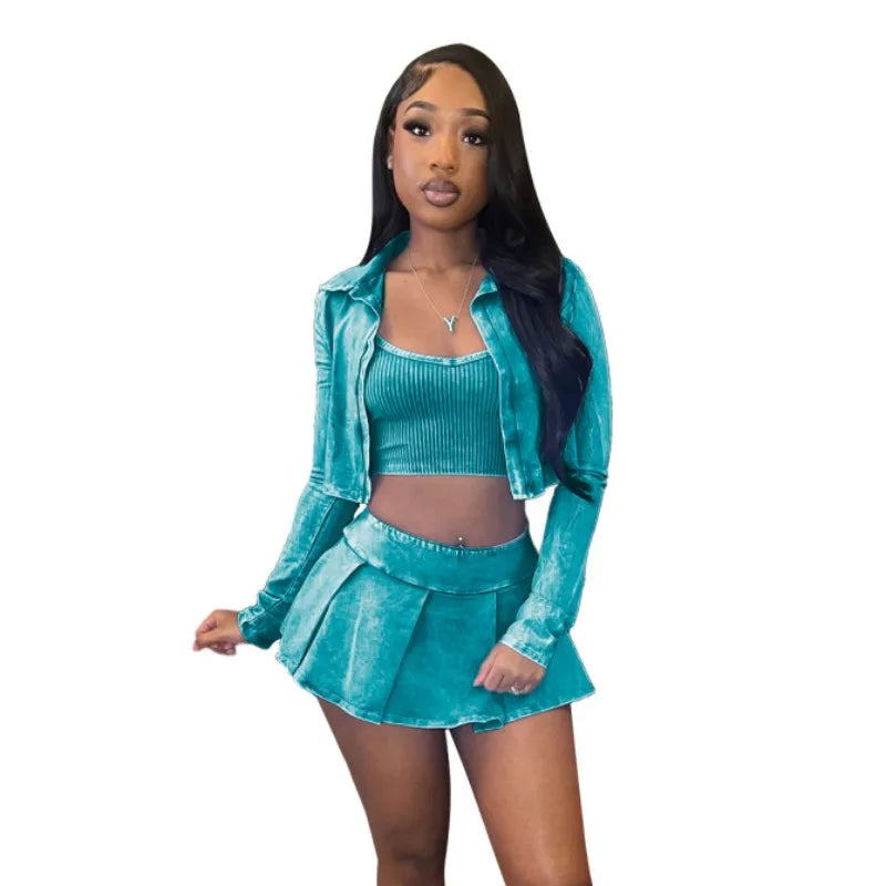 Women's Long Sleeve Mini Pleated Two Piece Set