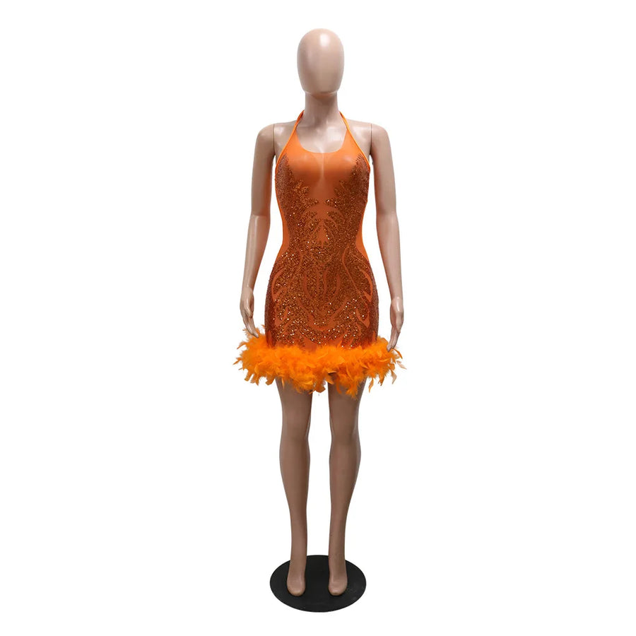 Women's Sequin Backless Halter Mini Dress