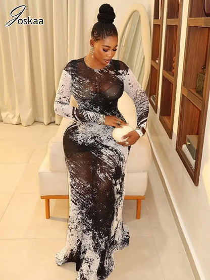 Women's Mesh Long Sleeve Bodycon Maxi Dress Black Gray – Side View
