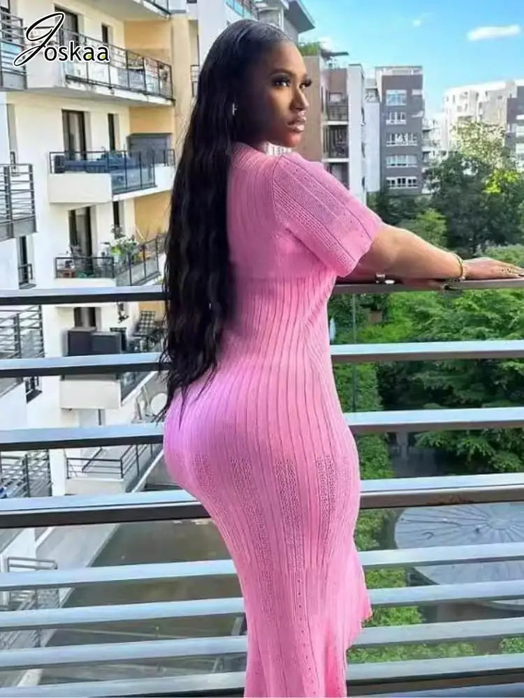 Women's Stripe Knit Short Sleeve Maxi Dress White – Front View