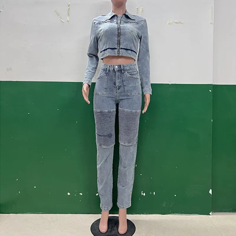 Women's Denim Long Sleeve Crop Two Piece Set